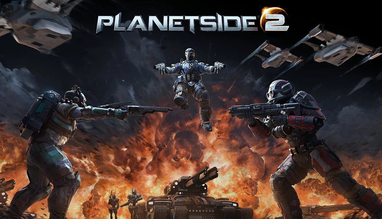 PlanetSide 2 key art: armoured soldiers and a tank in a fiery battlefield